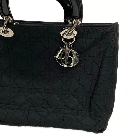 Auth DIOR/ChristianDior Lady Dior Large Bag Black Nylon Leather Handbag - Picture 12 of 16